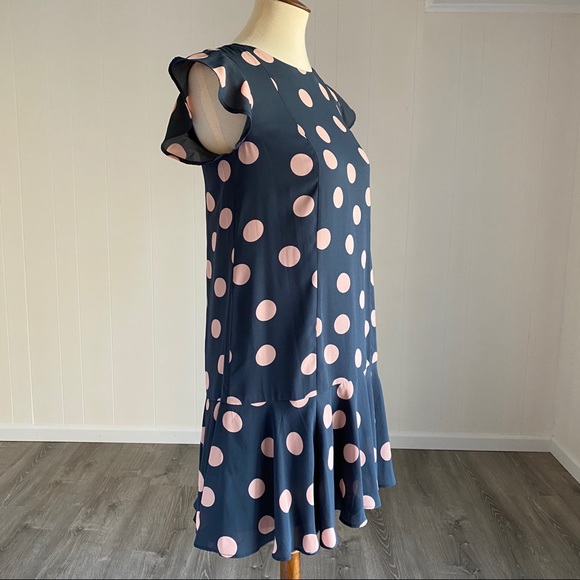NWT Loft Polka Dot Flounce Dress Petrol Grey Pink - Picture 6 of 8